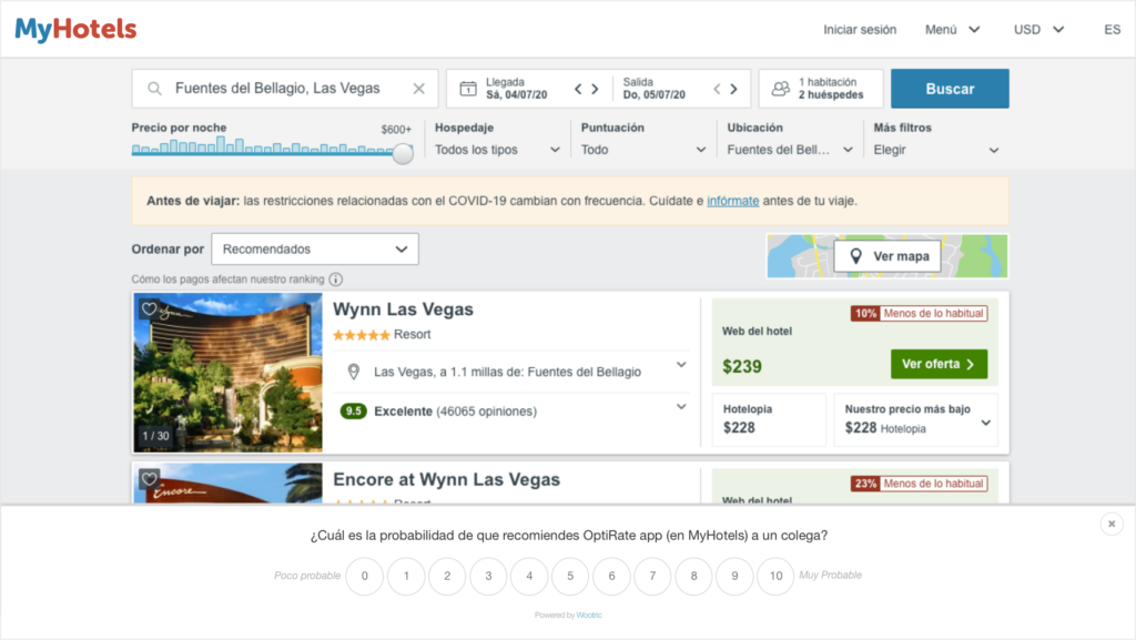 Example of hyper-targeted NPS survey in Spanish in a B2B software for hoteliers